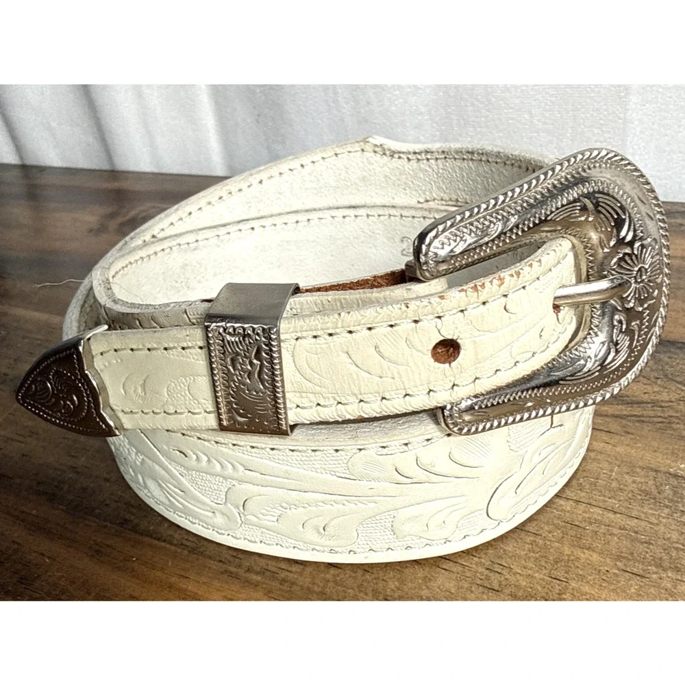 Vintage Western Tooled Belt White Leather Silver Buckle Kids 25